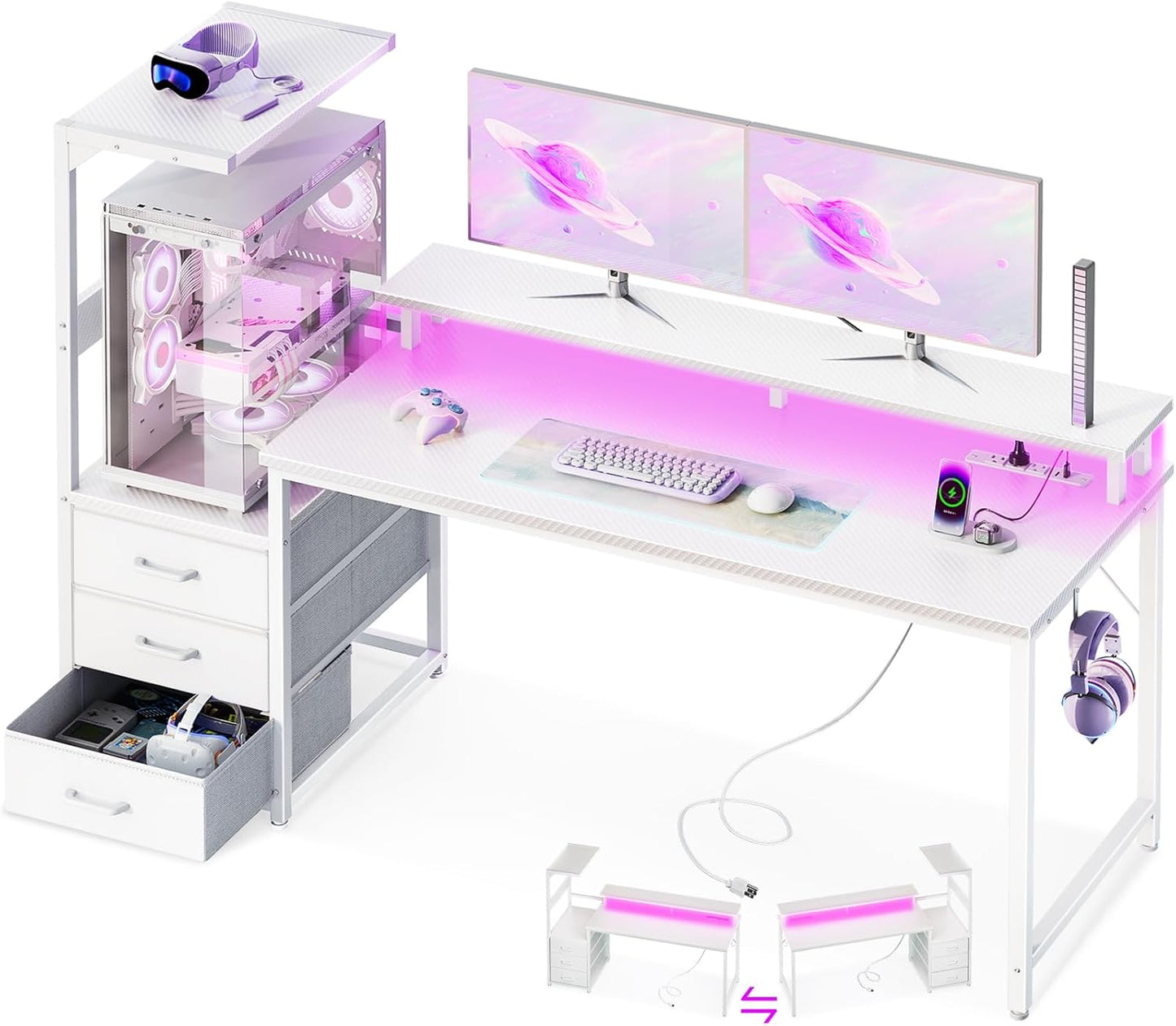 Casaottima 59 Inch Gaming Desk with USB Charging Ports & LED Light - Reversible Computer Desk with 3 Fabric Drawers, Monitor Stand, CPU Stand, and Side Hook, Modern Office Desk, White