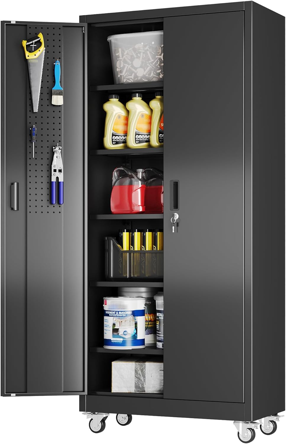 71" H Broom Storage Cabinet with Wheels and Doors,Rolling Tool Cabinet with Pegboard,Shelves and Rod for Garage Warehouse Home,Required Assembly,Black