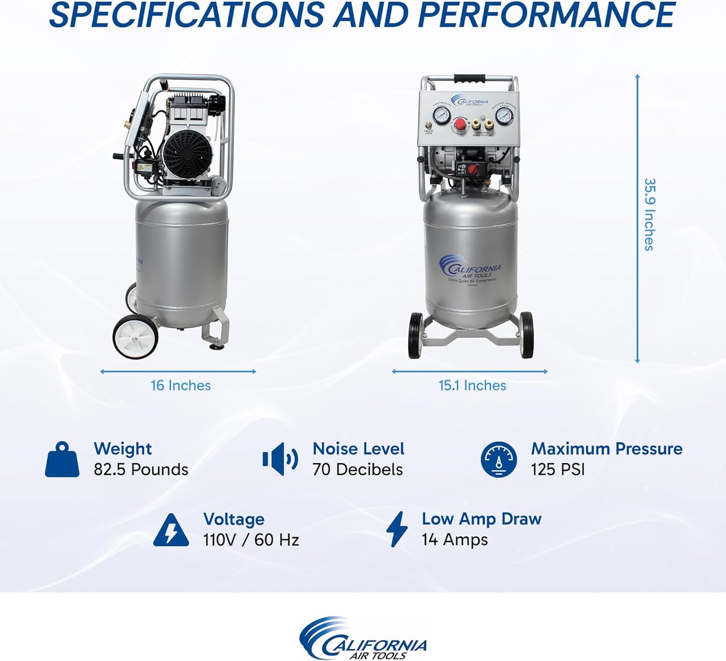 California Air Tools 10020CAD 2.0 HP Ultra Quiet and Oil-Free Air Compressor, 10 Gallon Steel Tank with Wheels, 70 dBA Noise Level, Auto Drain Valve