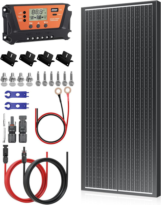100 Watt 12V Solar Panel Kit with 30A PWM Charger Controller, 10AWG Solar Cable & Tray Cable, Z Brackets for RV, Battery, Boat, Camper, Cabin, Off-Grid System (100W Solar Panel Kit)