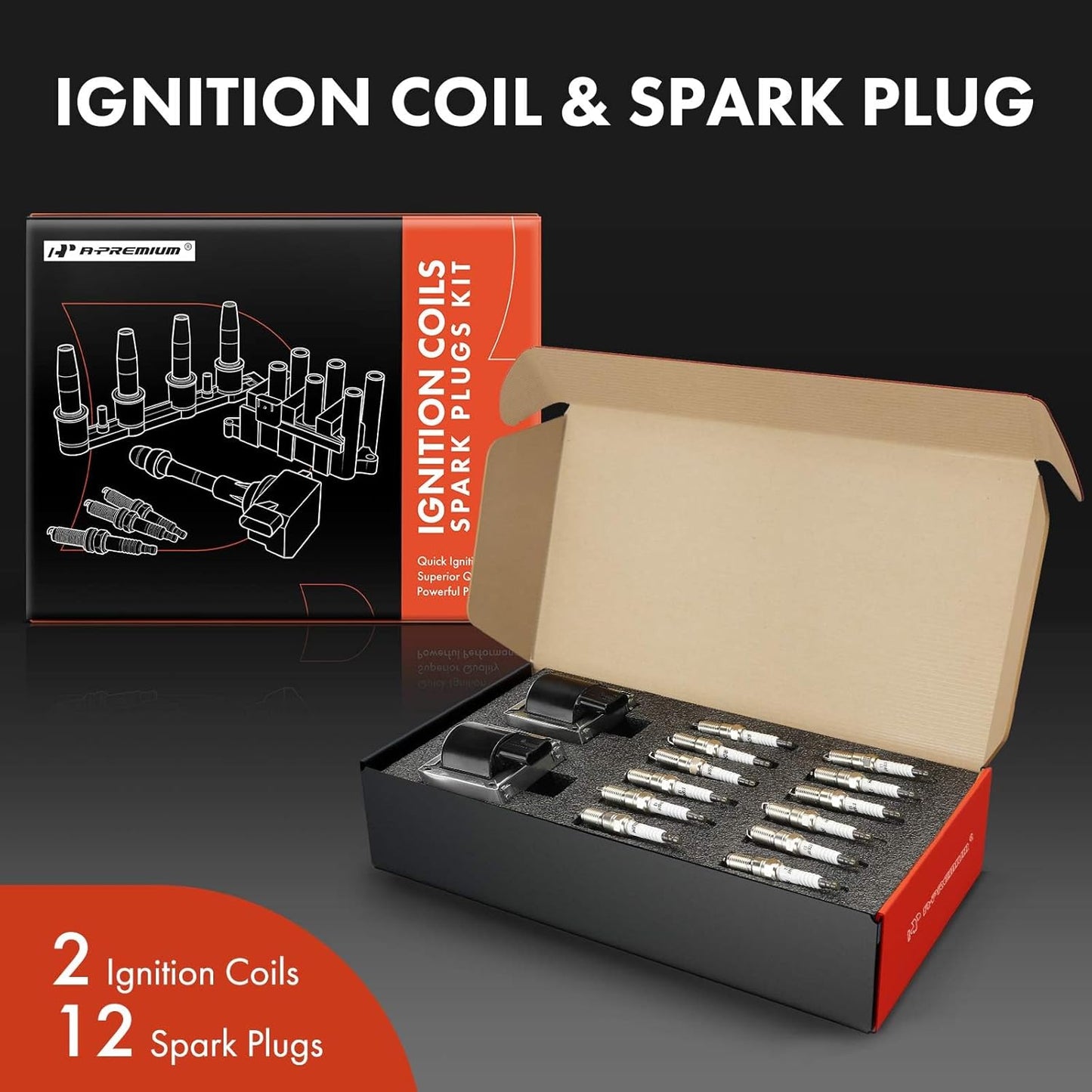 A-Premium 2x Ignition Coil Pack and 12x Iridium Spark Plugs Compatible with Jaguar XJ12 1994-1996, XJRS 1993, XJS 1994-1995, 6.0L