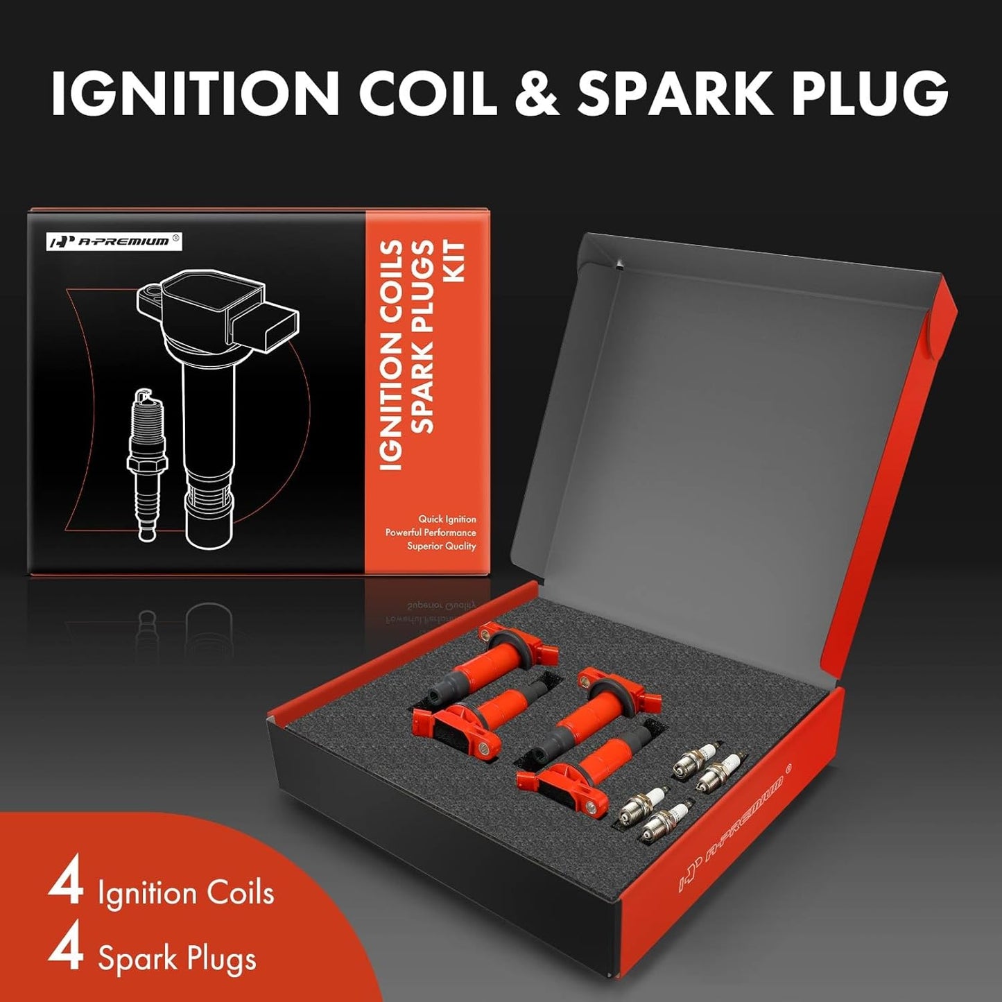 A-Premium (Red) Set of 8 Ignition Coil Pack and Iridium Spark Plugs Compatible with Toyota Camry, RAV4, Corolla, Highlander, Matrix, Solara & Scion tC, xB & Lexus HS250h & Pontiac Vibe, 2.0L 2.4L