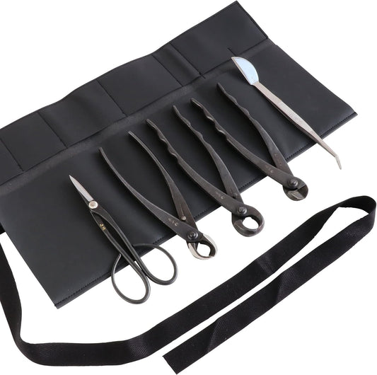 Wazakura Made in Japan 5PCS Bonsai Tool Kit with Roll Bag: Yasugi Steel Satsuki Bonsai Scissors, Concave Branch Cutter, Knob Cutter, Wire Cutter, Tweezers - 5 Tools Satsuki Set with Case