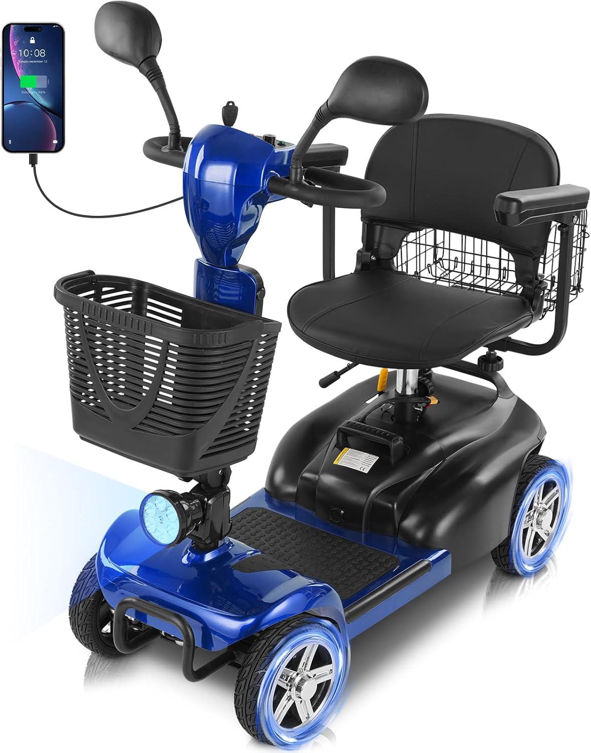 15/30 Miles 4 Wheels Mobility Scooter for Adults&Seniors Up to 300LBS, 350W Electric Powered Wheelchair Device w/Extended Battery, Dual Baskets, Rotating Seat, USB Charging