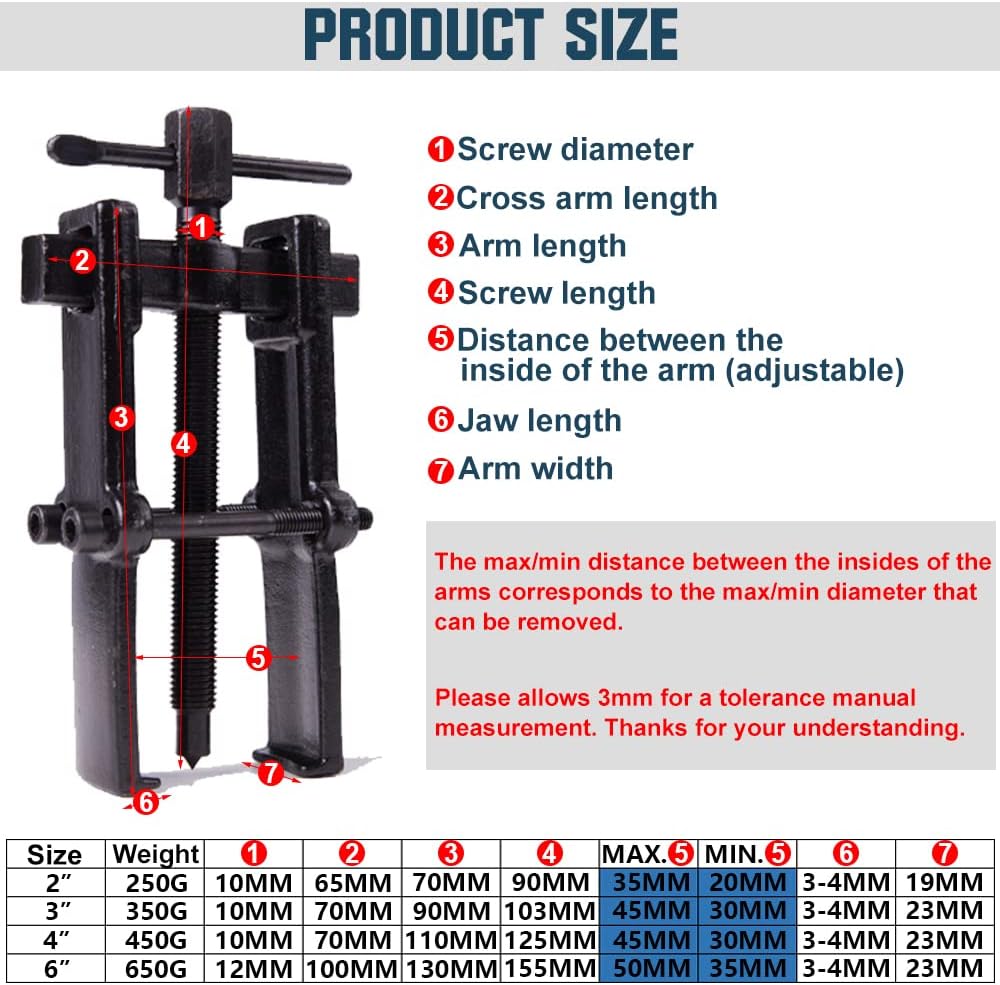 4 Bearing Puller 2'' 3'' 4'' 6'' with 2 Jaws Bearing Puller Tool Adjustable, Chrome Vanadium Steel Bearing Gear Puller Kit Hand Remover Tool Pump Pulley Remover for Wheel, Motorcycle, Bearings, Gears