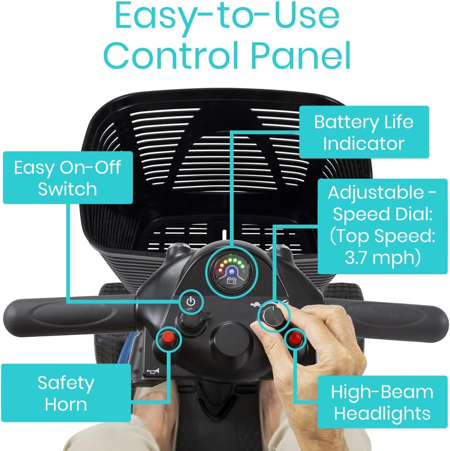 Vive 4 Wheel Mobility Scooter - Electric Powered Wheelchair Device - Compact Heavy Duty Mobile for Travel, Adults, Elderly - Long Range Power Extended Battery with Charger & Basket