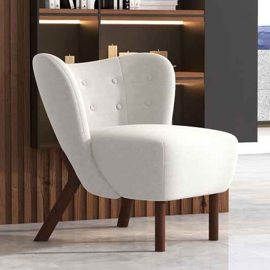 Bonzy Home Modern Accent Chair, Fabric Upholstered Wingback Side Chair with Wooden Legs, Slipper Chair for Living Room, Bedroom, Entryway, White