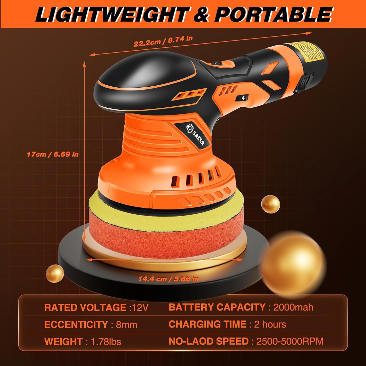 Saker Cordless Buffer Polisher, 6 Inch Fast Charging Portable Car Polishing Kit with 2PCS 12V 2000mAh Batteries, Polisher for Car Detailing Polishing Waxing (Orange, Buffer Polisher+2 Batteries+1 Bag)