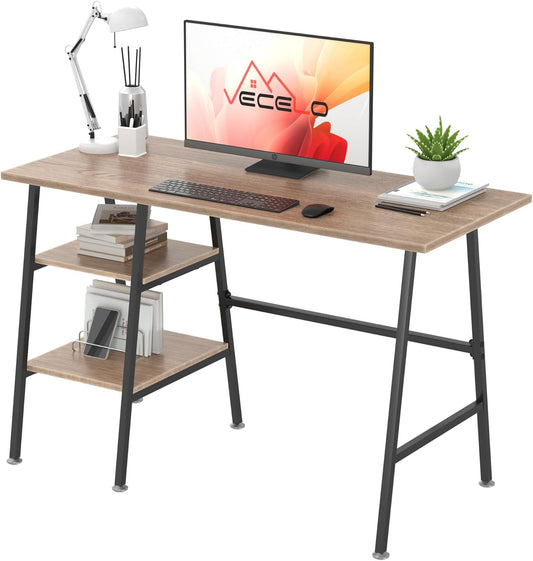 VECELO 43 Inch Writing Desk Home Office, Home Office Study Tables with 2 Tier Storage Shelves Eiton Left or Right Side, Simple Industrial Style with Adjustable Feet and Water Proof Surface, Oak Desk
