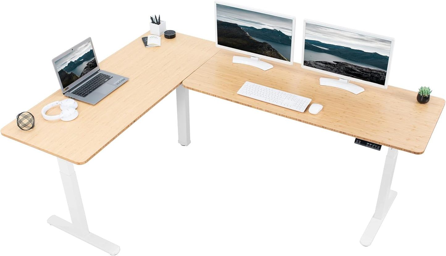 VIVO Electric Height Adjustable 83 x 60 inch Corner Stand Up Desk, 2 Light Wood Solid Table Tops, White Frame, Memory Controller, L-Shaped Workstation, 3E Series, DESK-KIT-3E8C