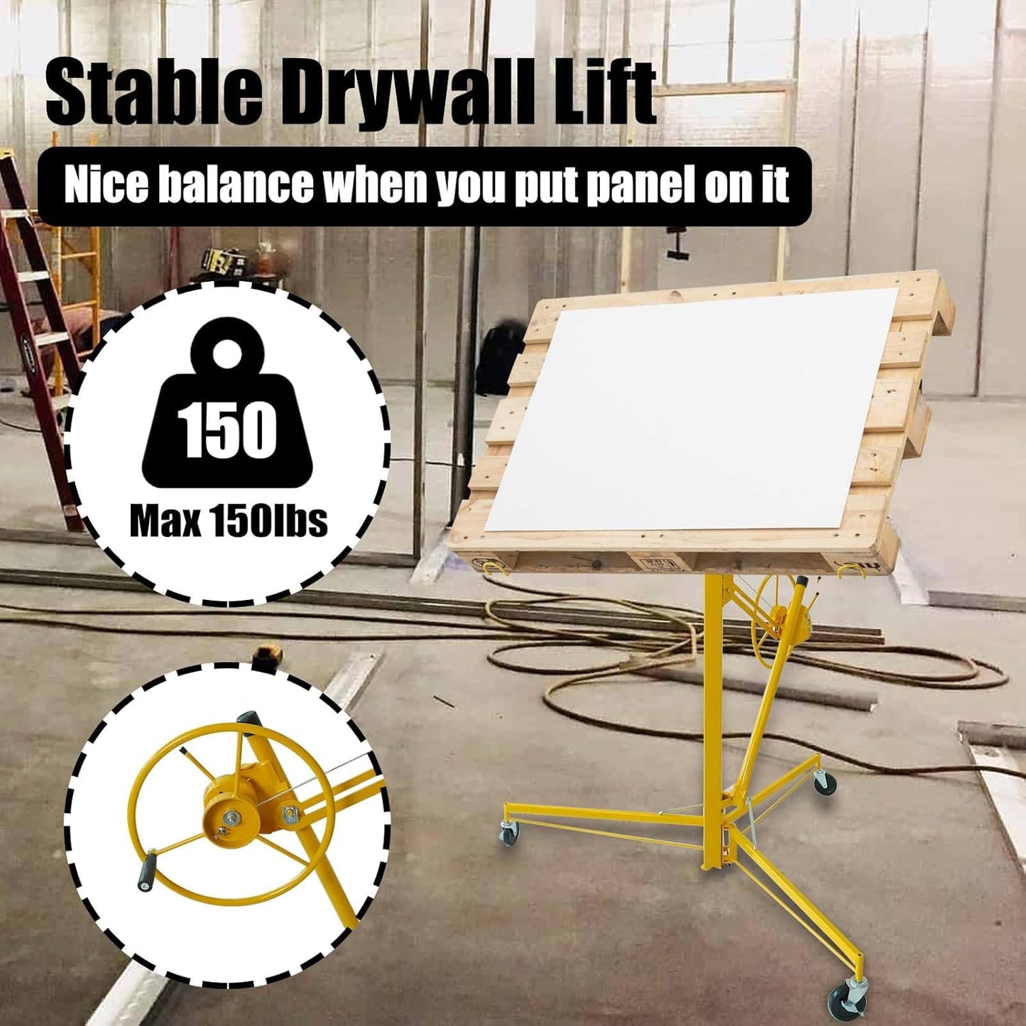 16 FT Drywall Lift Panel Rolling Hoist Jack Lifter Sheetrock, Drywall Lifting Construction Tools Caster Wheel with Adjustable Telescopic Arm, 16', Yellow