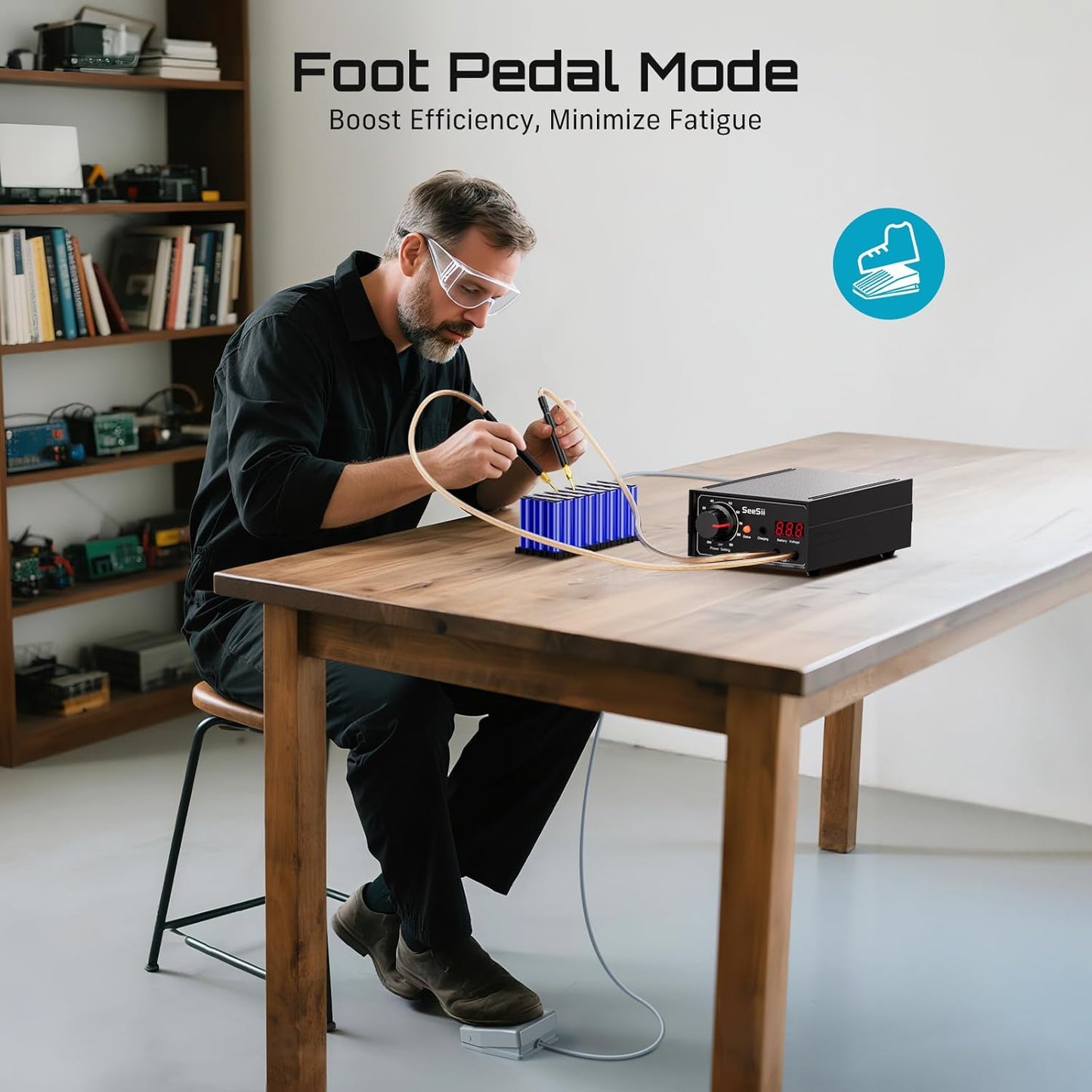 SEESII Battery Spot Welder: Battery Welder Kit for 0.1-0.3mm Nickel Strip Welding, Spot Welder for Lithium Battery, 10-90 Gears, Foot Pedal Control, Dual Pulse, Ideal for 18650 Battery DIY