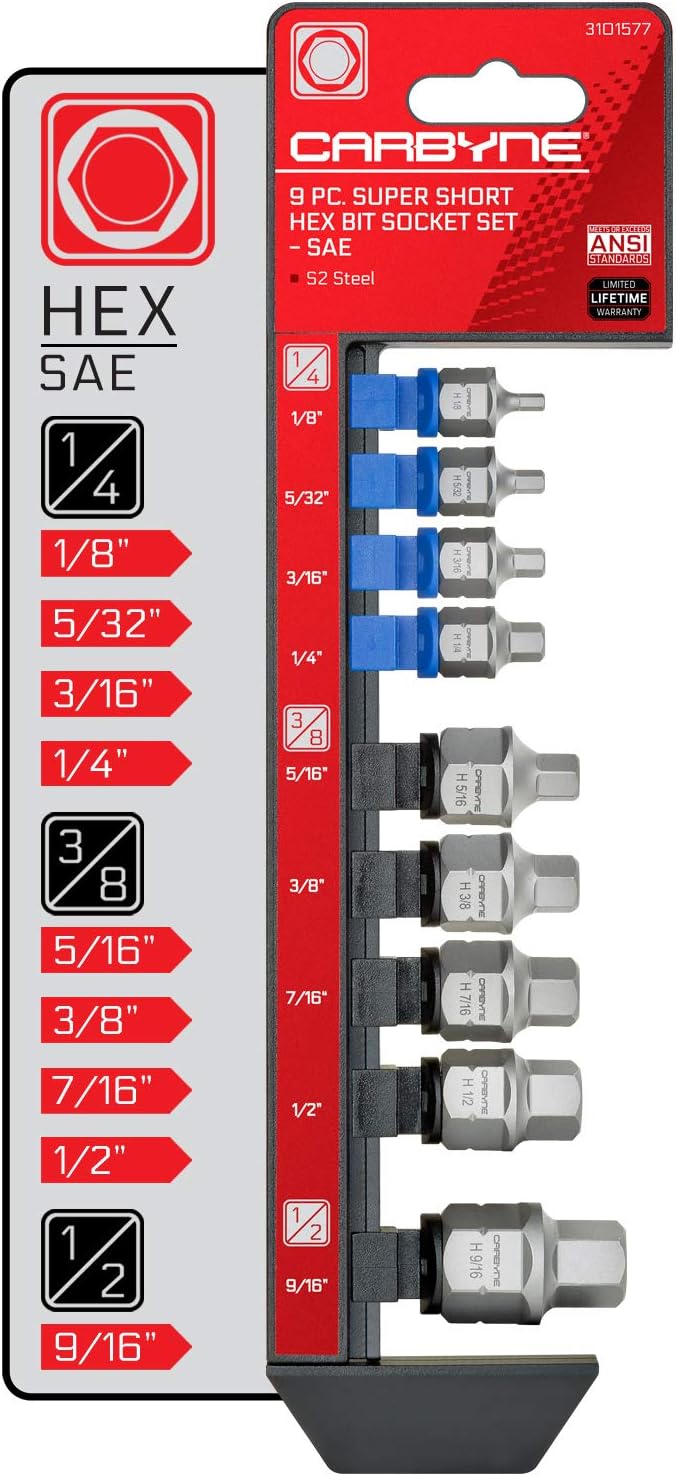 CARBYNE 9-Piece Metric Super Short Low Profile Hex (Allen) Bit Socket Set | 3mm to 14mm, Dual-Drive: Internal Square Drive & External Hex Drive • From a Family-Run Tool Company in the U.S.