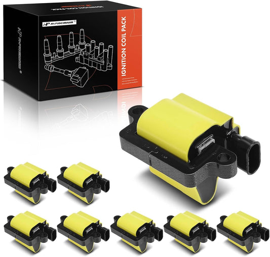 A-Premium (Yellow) Engine Ignition Coil Pack Compatible with Chevy Silverado 1500, Tahoe, Suburban, Express & GMC Sierra 3500 Classic, Yukon, Savana & Cadillac Escalade & Workhorse & Isuzu, 8-PC Set