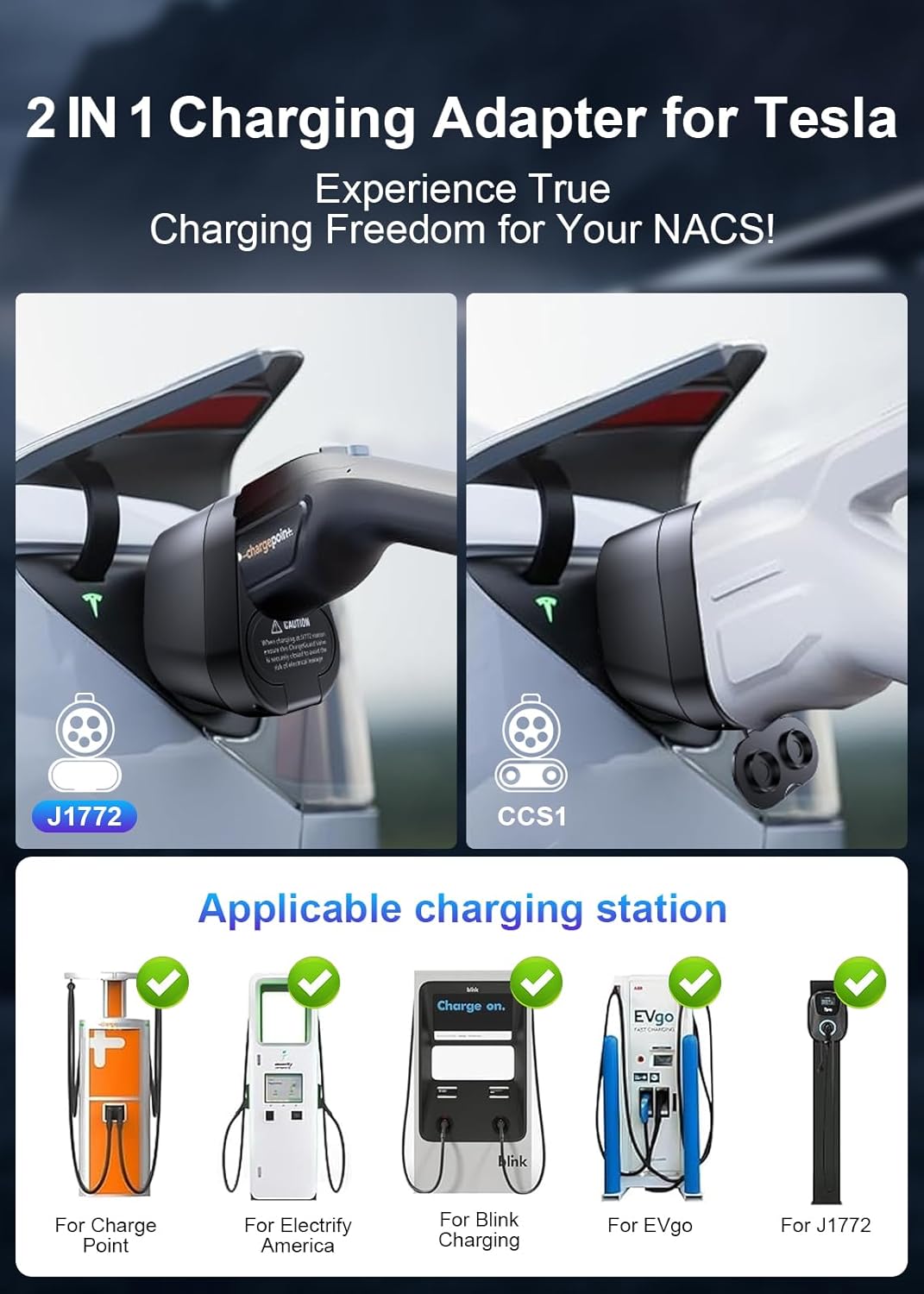 2025 Cybertruck Upgraded, 4 in1 CCS & J1772 to NACS (TSL) Charging Adapter, Fit for Tesla Model 3/Y/S/X/Cybertruck, Max 250KW DC Fast Charging, for Level 1 2 3 Charging Stations with CCS1& J1772 Plug