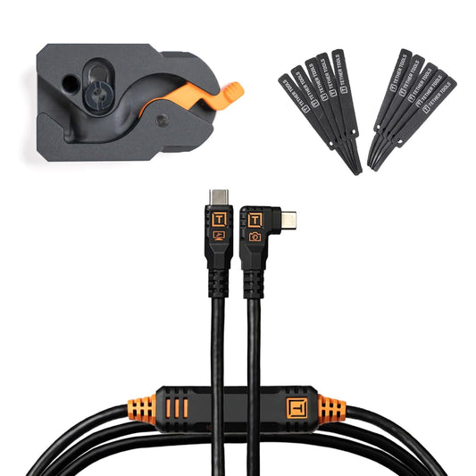 Tether Tools TetherGuard LeverLock Plate Camera Port Protection and TetherPro Optima 10G High-Speed USB-C 15ft (4.6m), Straight to Right Angle, Non-Reflective Black Tethering Cable