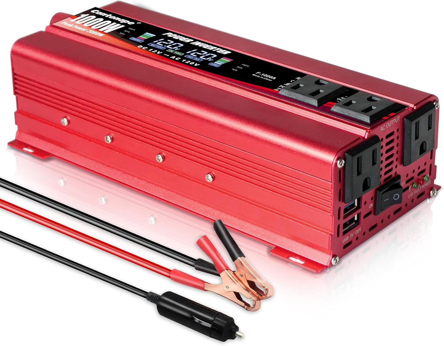 1500W/3000W(Peak) DC 12V to 110V/120V AC Power Inverter with Dual AC Outlets Dual 3.1A USB Car Adapter and Cigarette Lighter for Car Home Truck Outdoor Red