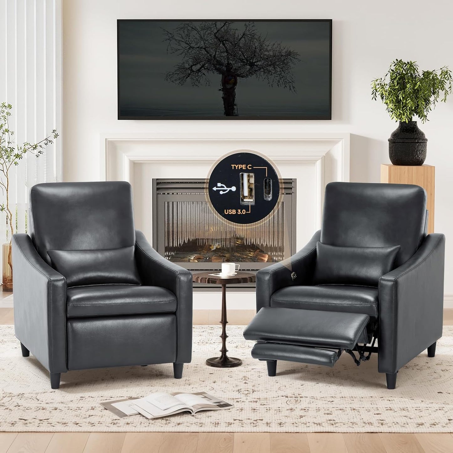 COLAMY Pushback Electric Recliner Chair, Premium Leather Upholstery with Adjustable Angles, Extra Lumbar Pillow, Built-in Charging Port, Business-Casual Style for Living Room,Grey