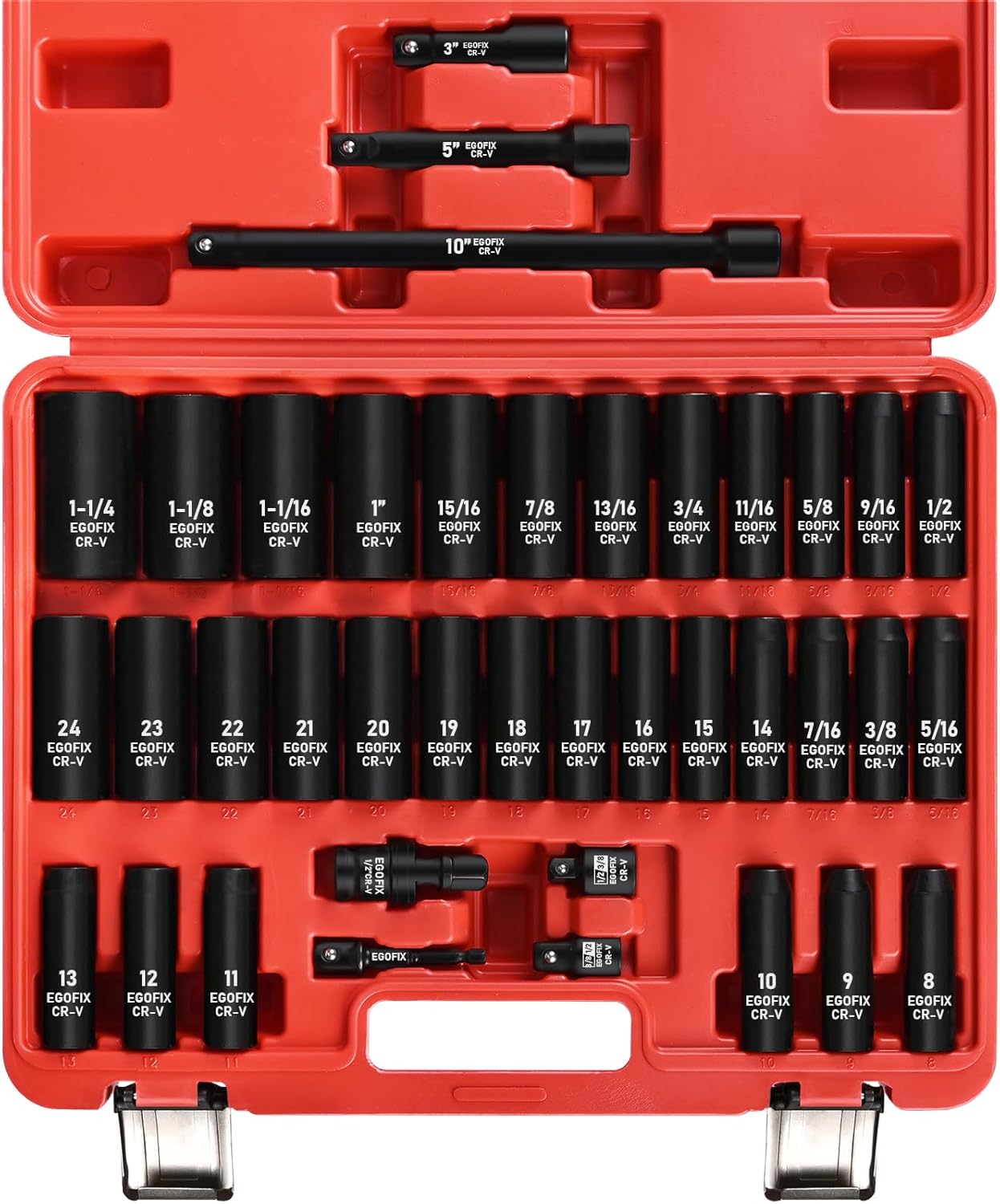 3/8" Drive Impact Socket Set, 50 Piece Standard SAE (5/16 to 3/4 inch) and Metric (8-22mm) 6 Point, with Adjustable Ratchet Handle, Extension Bars, Impact Universal Joint, Adapter, Cr-V Steel