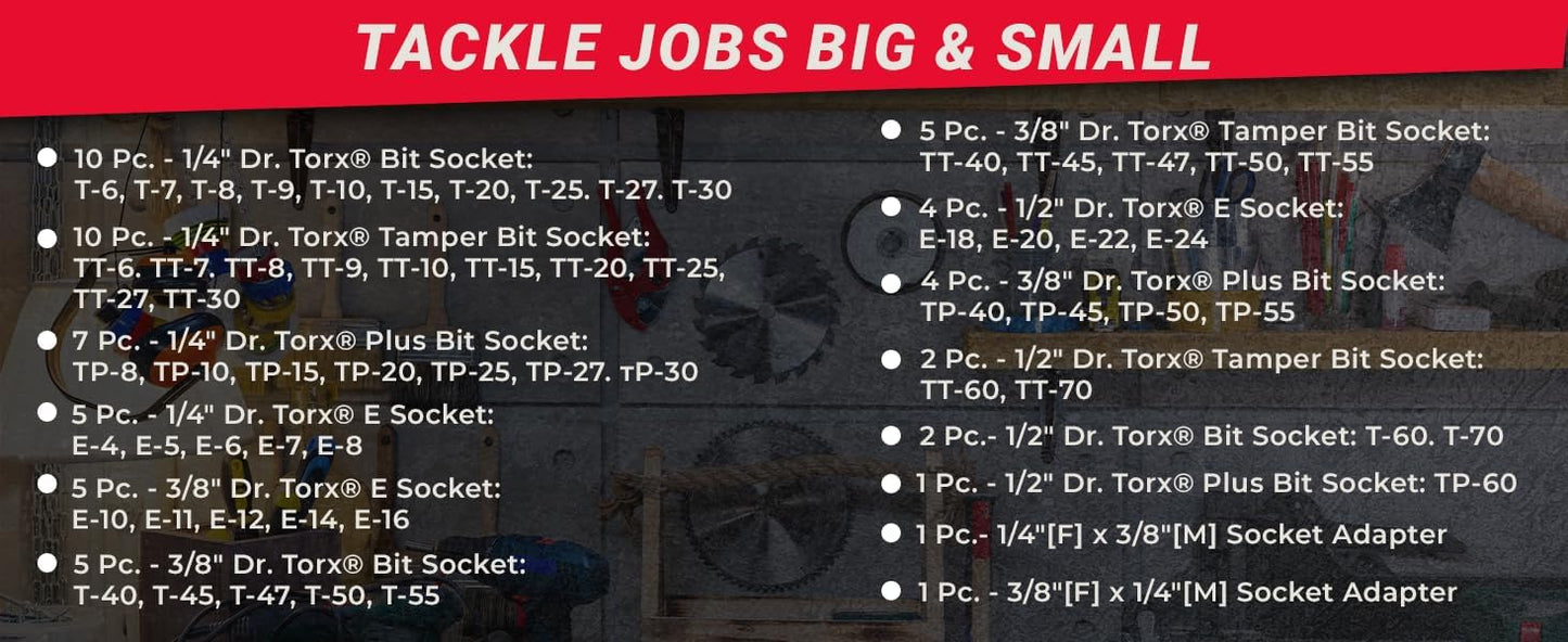 CARBYNE 62-Piece Master Torx Bit Socket Set & External (eTorx) Socket Set, Includes T6 - T70, TT6 - TT70, TP8 - TP60, E4 - E24| S2 Steel Bits, Cr-V Sockets, Durable Case | 1/4, 3/8, & 1/2 in. Drive