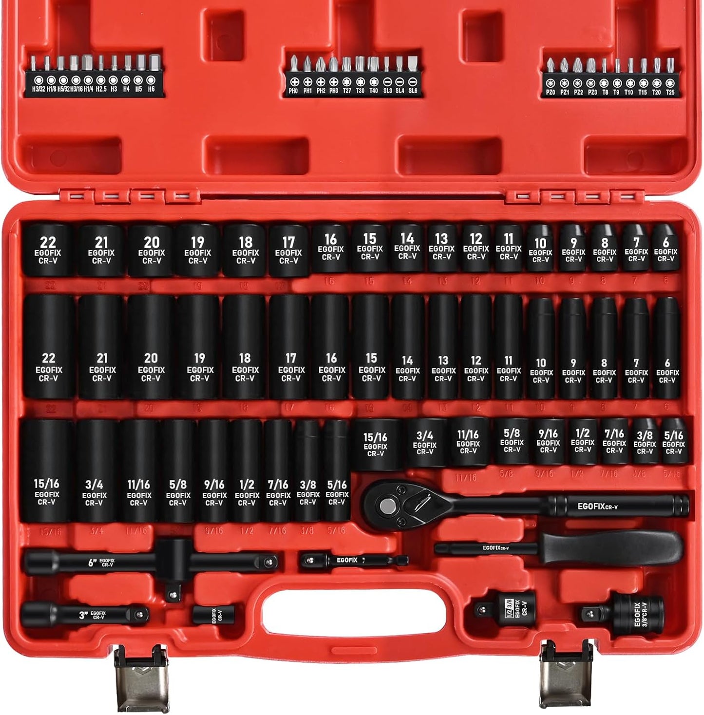 3/8" Drive Impact Socket Set, 50 Piece Standard SAE (5/16 to 3/4 inch) and Metric (8-22mm) 6 Point, with Adjustable Ratchet Handle, Extension Bars, Impact Universal Joint, Adapter, Cr-V Steel