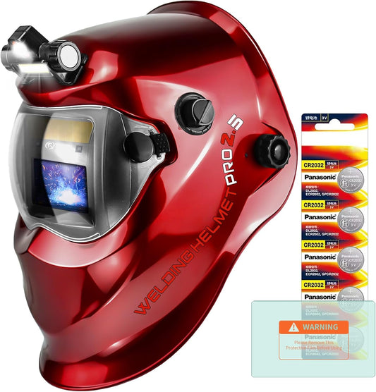 Auto Darkening Welding Helmet with Light Solar Powered True Color Welding Hood 2 Arc Sensor Wide Shade 9-13 Welding Mask with Extra Grinding Mode Weld Helmet (Red)