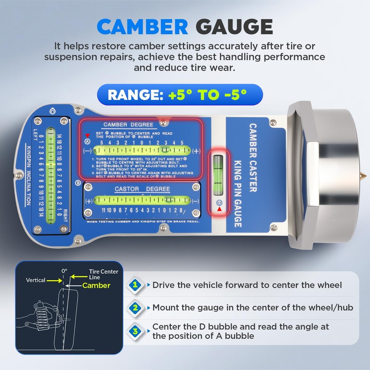 Camber Caster Gauge with Kingpin Inclination, 3-in-1 Pro Wheel Alignment Tools Automotive Magnetic Caster Camber Alignment Tool Precise Strut Wheel Hub Alignment Kit for Car Truck RV Tire Repair
