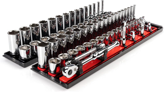 TEKTON 3/8 Inch Drive 6-Point Socket and Ratchet Set with Rails and Trays, 74-Piece (1/4-1 in., 6-24 mm) | SKT13301