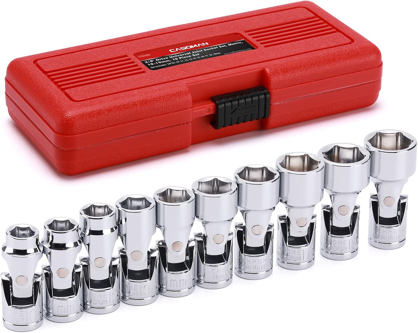 CASOMAN 17PCS 3/8" Drive Universal Flex Socket Set, SAE&Metric, 3/8" to 3/4", 10mm to 19mm, 6-Point, CR-V, Swivel Head, 360 Degree Access