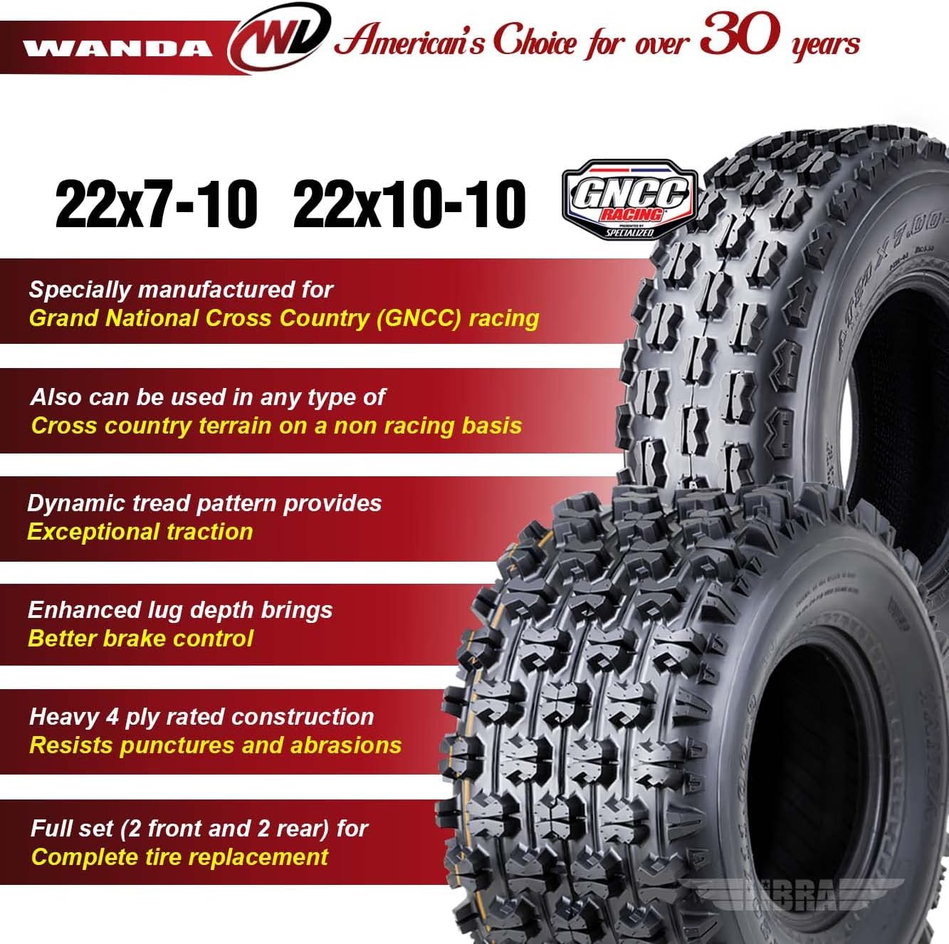 WANDA Set 4 ATV Tires 22x7-10 & 22x10-10 Yamaha Timberwolf 250 Beartracker Race Tires