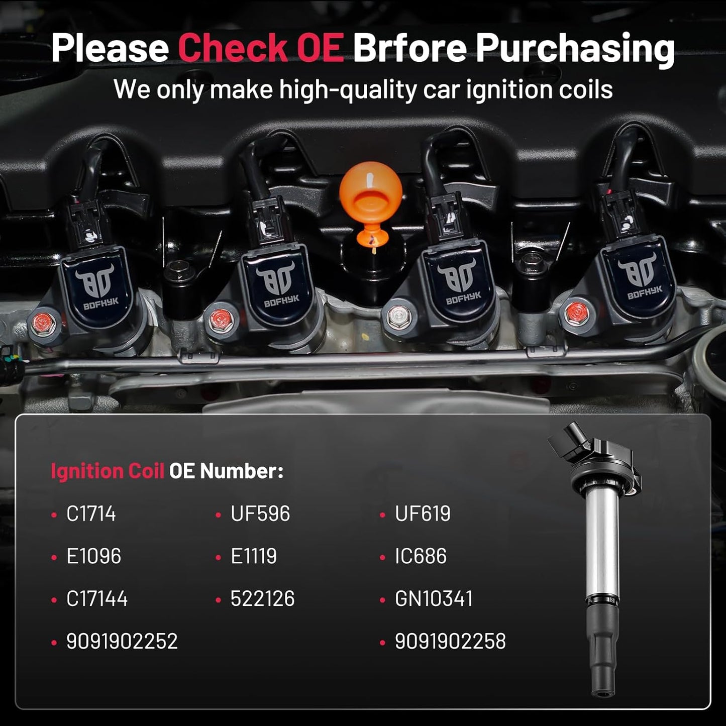 BDFHYK Ignition Coil UF596 Compatible with Toyota Corolla 2009 2010 2012 2013 Toyota Prius 2014 2015 2017 Matrix Lexus CT200h Pontiac Vibe Scion iM xD 1.8L l4 Coil Pack Set of 4 Coils for UF619 C1714