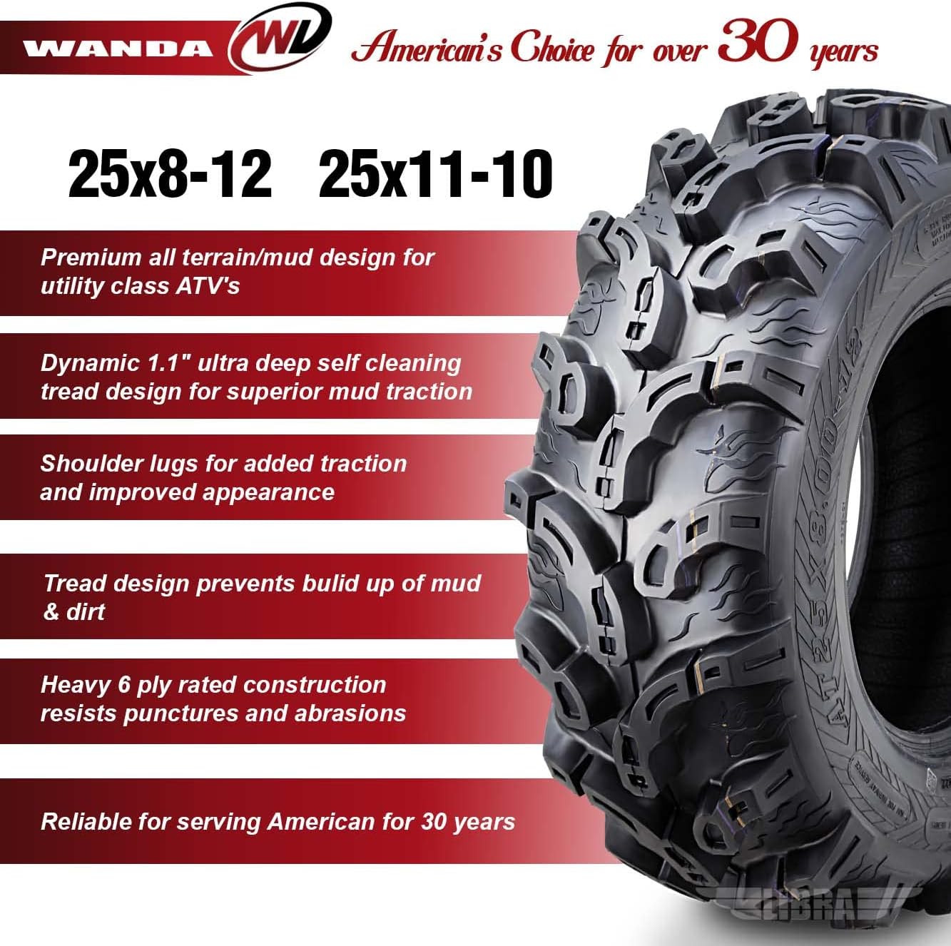 WANDA Full Set Super Lug Mud ATV tires 25x8-12 & 25x11-10 fit for 96-08 Polaris Sportsman 500