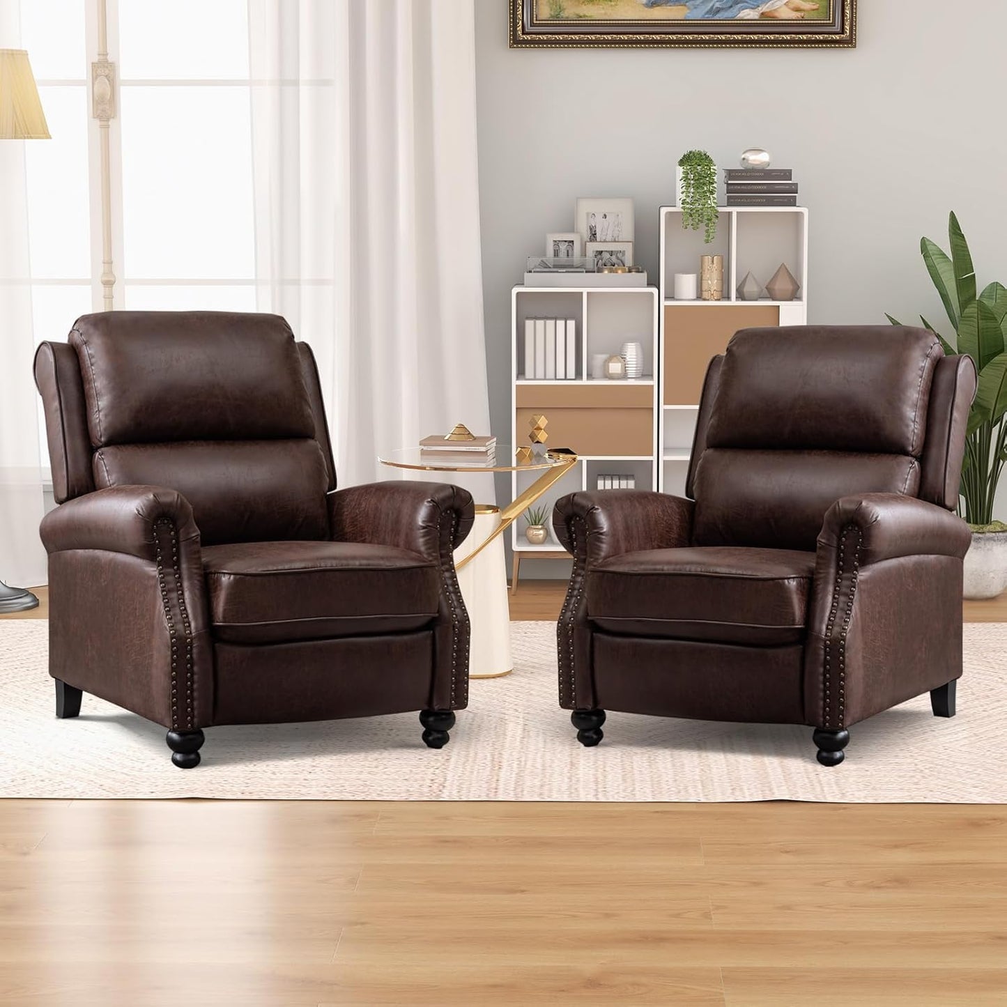 CANMOV Pushback Recliner Chair Faux Leather Armchair Push Back Recliner with Rivet Decoration Single Sofa Accent Chair for Living Room, Chocolate