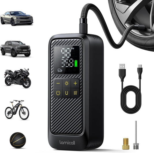 Tire Inflator Portable Air Compressor - Lamicall [5X Faster] [150 PSI] [Rechargeable] Car Air Pump, Digital Display Pressure Gauge, LED Light, Cordless Pump for Car, Bike, Motorcycle, Ball