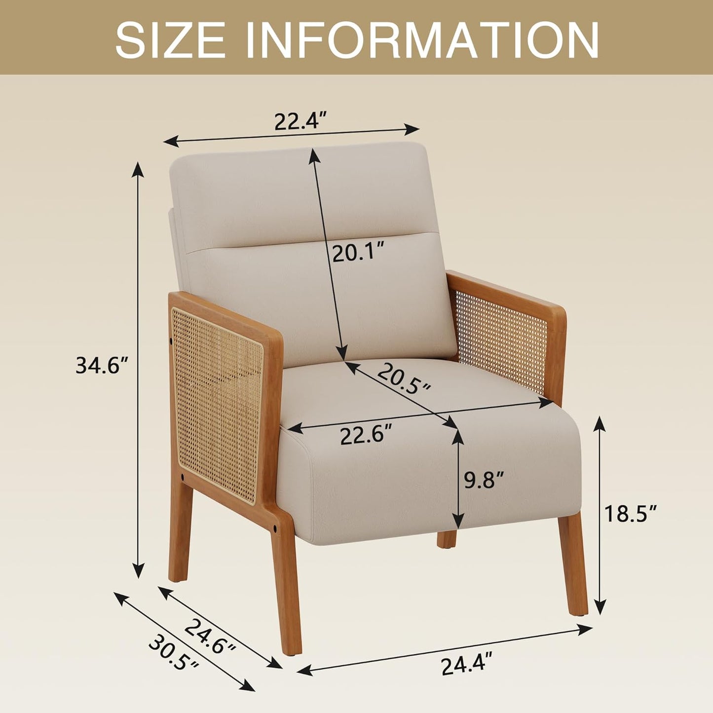 Yongchuang Beige Accent Chairs Set of 2 Upholstered Living Room Chairs with Natural Rattan Arm, Modern Faux Leather Arm Chairs for Bedroom Club Reception