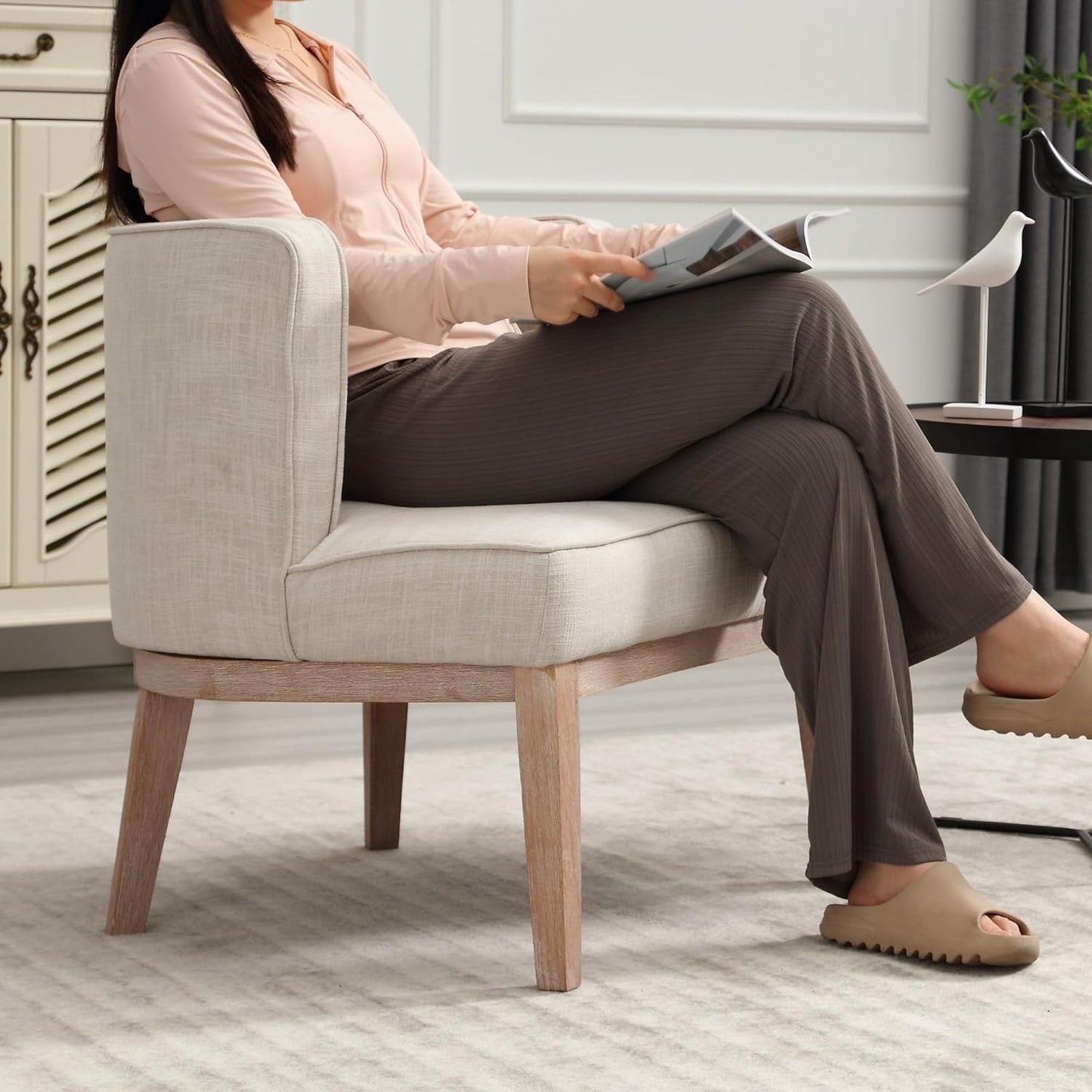 Set of 2 Arm Accent Chair Barrel Accent Chair with Wood Legs, Comfy Barrel Side Chair Linen Upholstered Reading Chairs with Back for Living Room Bedroom, Living Room Chair, Beige