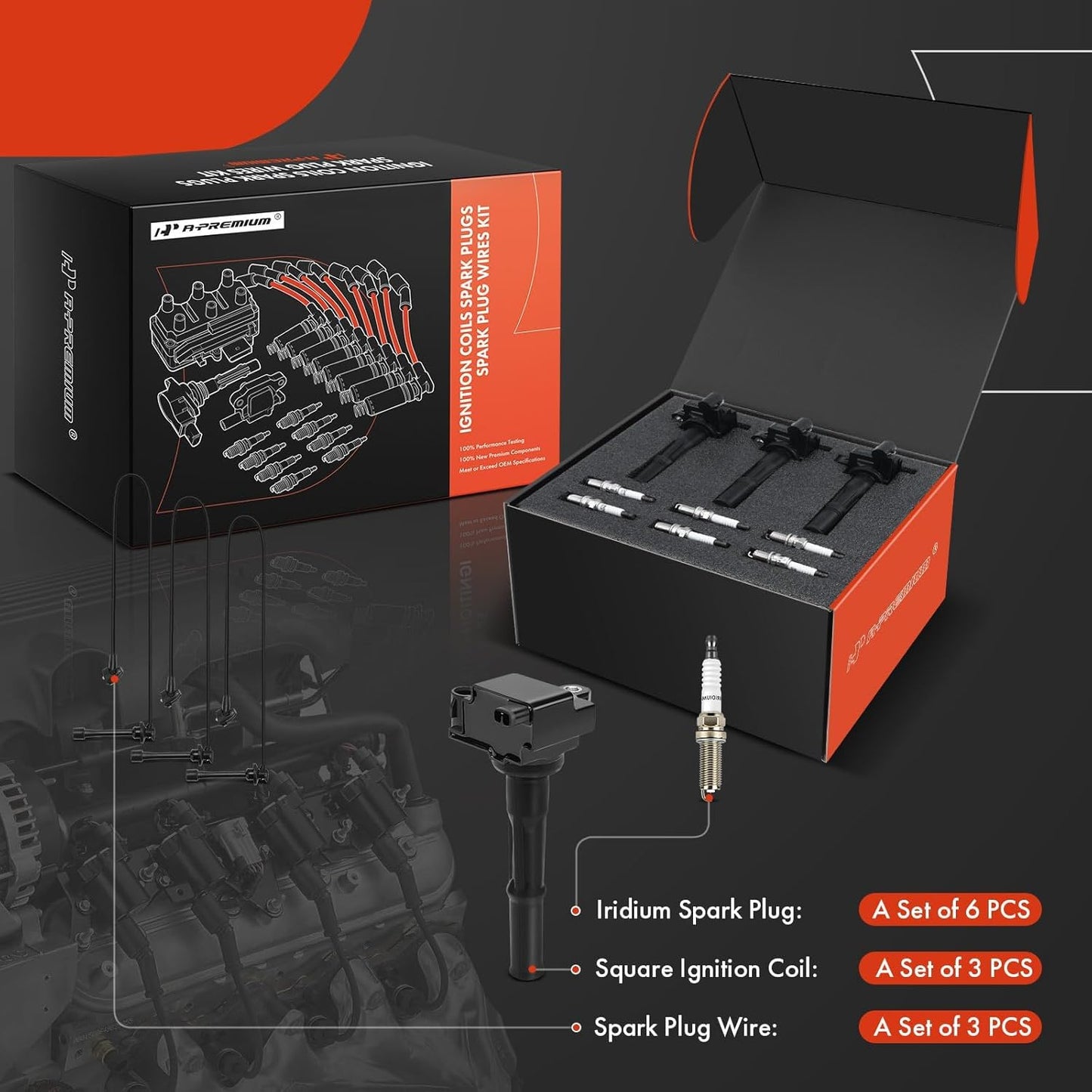 A-Premium 3 Ignition Coils with 3 Spark plug Wires and 6 Iridium Spark Plugs Compatible with Toyota 4Runner 1996-2002, T100 1995-1998, Tacoma 1995-2004, Tundra 2000-2004 V6 3.4L