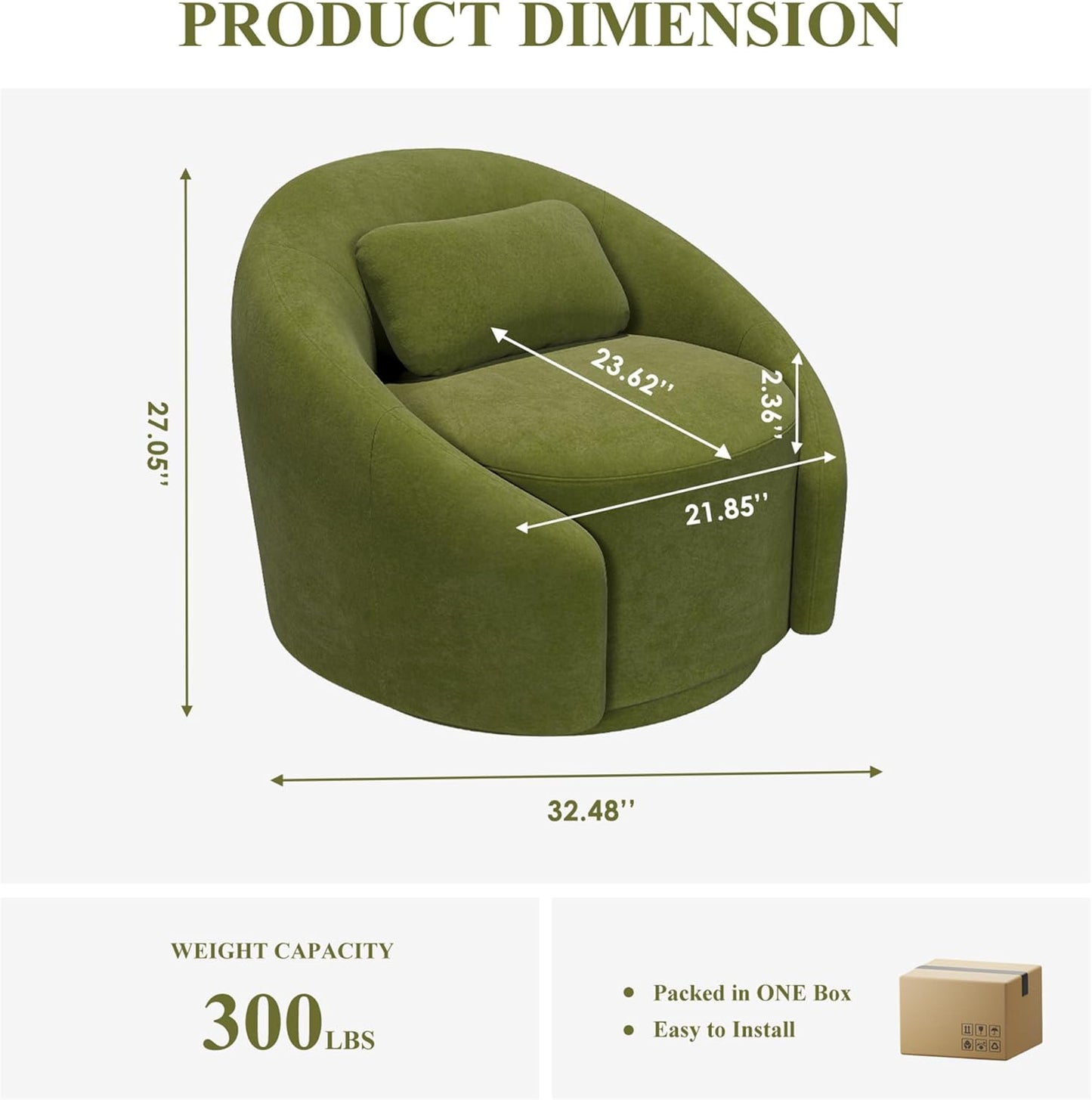 COLAMY 360°Swivel Accent Chairs, Mid-Century Modern Upholstered Chairs with Metal Base and Lumbar Pillow for Living Room, Bedroom, Home Office, 300 lbs Capacity,Green