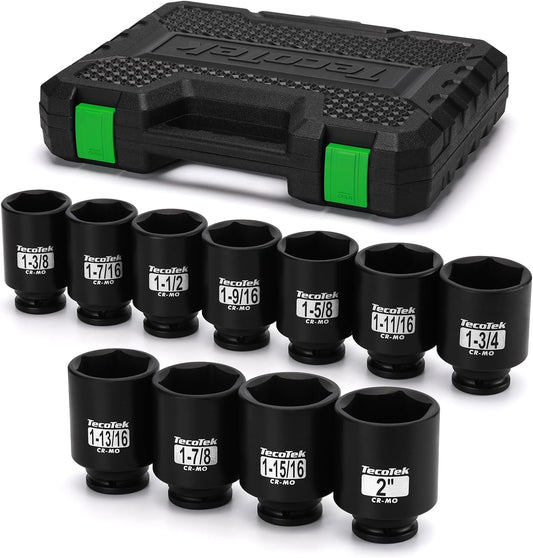 1/2" Drive Deep 6-Point Impact Socket Set, 11-Piece Standard SAE Spindle Axle Nut Impact Socket Set, Cr-Mo, 1-3/8-Inch to 2-Inch Size