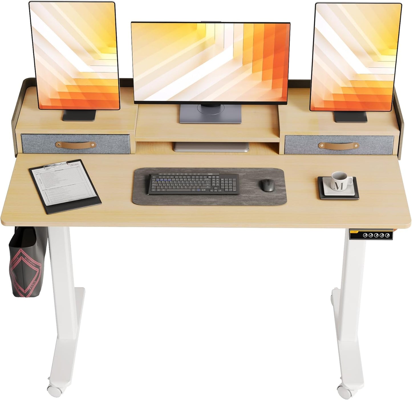Claiks Standing Desk with Drawers, Adjustable Stand Up Electric Standing Desk Adjustable Height with Storage Shelf and Splice Board, 59 Inch, White
