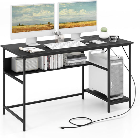 Tangkula 55 Inch Computer Desk with Power Outlets & USB Ports, Home Office Desk with Built in Charging Station with Switch, Computer Workstation Writing Study Desk with Storage Shelf & CPU Stand