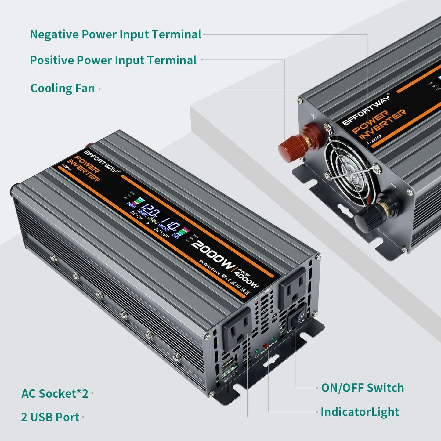 2000W Power Inverter 4000W (Peak). 12V DC to 110V/120V AC Converter with LCD Display, 2 AC outlets, 2 USB, 2000w Inverter for Camping RV Travel Outdoor Truck Off-Grid Solar inverters