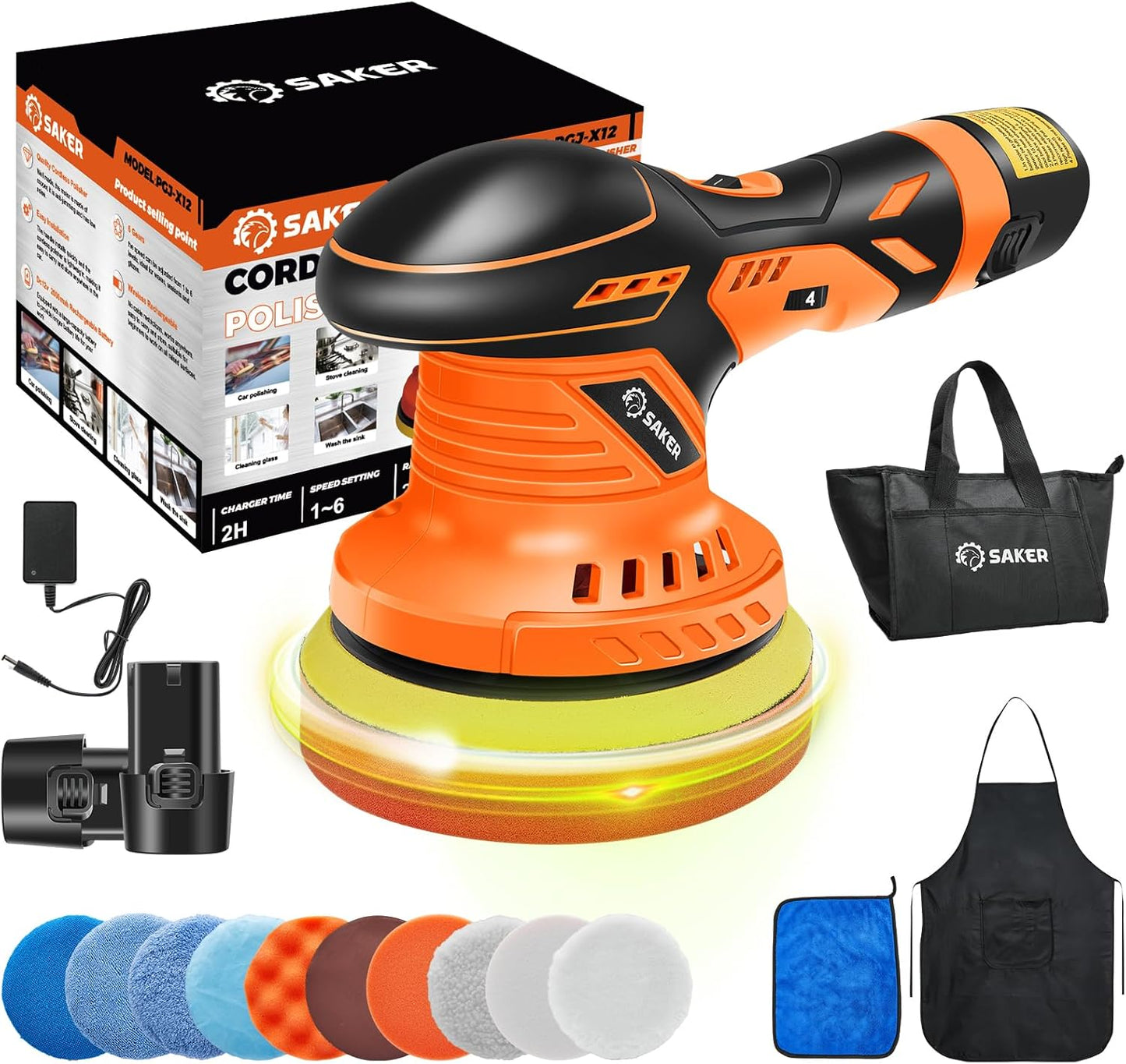 Saker Cordless Buffer Polisher, 6 Inch Fast Charging Portable Car Polishing Kit with 2PCS 12V 2000mAh Batteries, Polisher for Car Detailing Polishing Waxing (Orange, Buffer Polisher+2 Batteries+1 Bag)