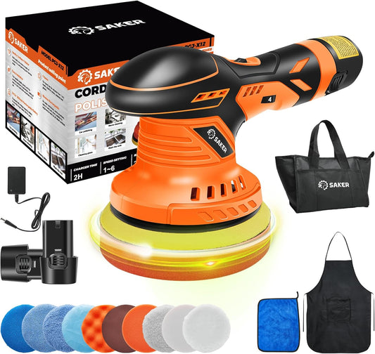 Saker Cordless Buffer Polisher, 6 Inch Fast Charging Portable Car Polishing Kit with 2PCS 12V 2000mAh Batteries, Polisher for Car Detailing Polishing Waxing (Orange, Buffer Polisher+2 Batteries+1 Bag)