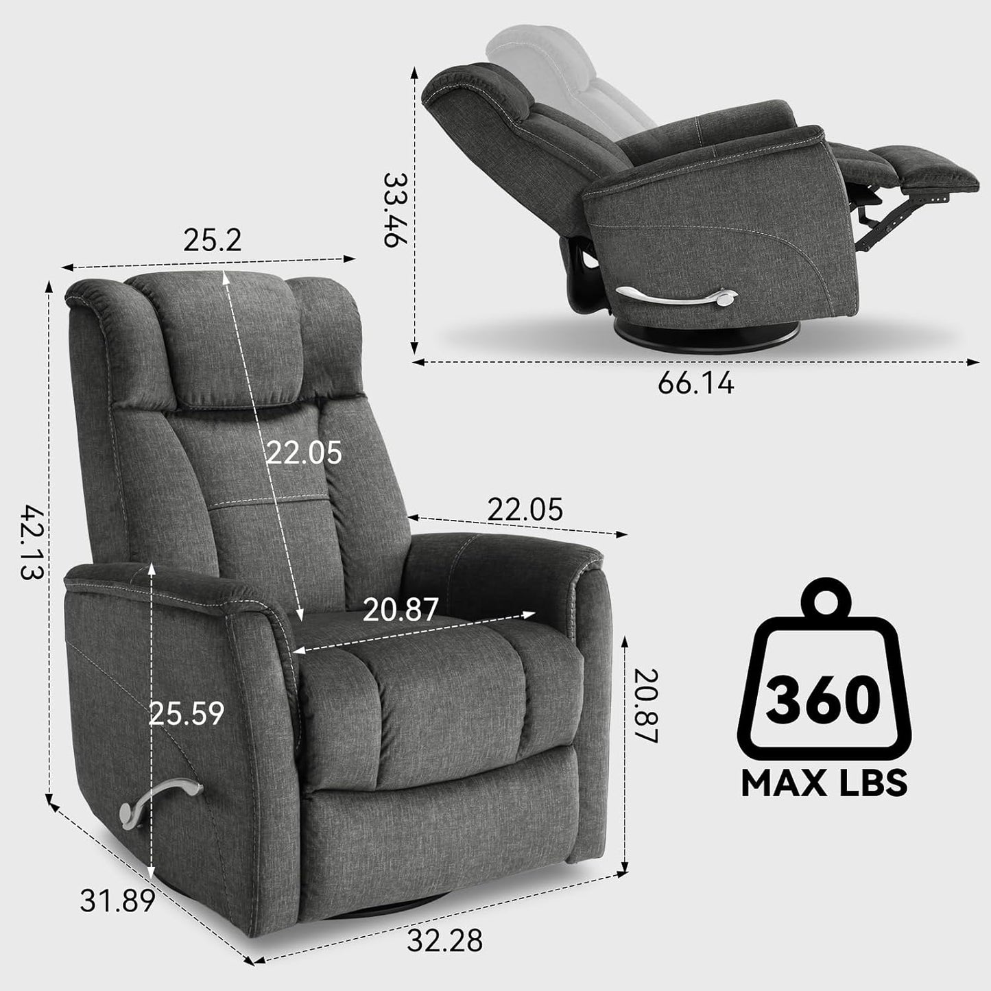 360° Swivel Rocking Recliner, Manual Comfy Nursery Glider Rocker Chair for Indoor Bedroom, Upholstered Soft Fabric Living Room Reclining Chair with Lumbar Support for Adults (Dark Gray)
