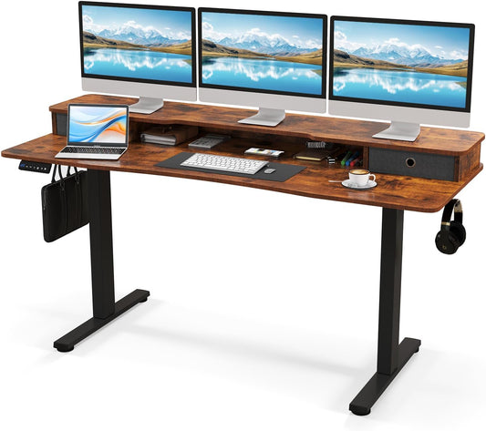 Tangkula 63" x 24" Standing Desk with Drawers, Electric Stand-up Desk with Monitor Stand, Side Hooks, 3 Memory Heights, Anti-Collision Design, Height Adjustable Sit Stand Desk for Home Office