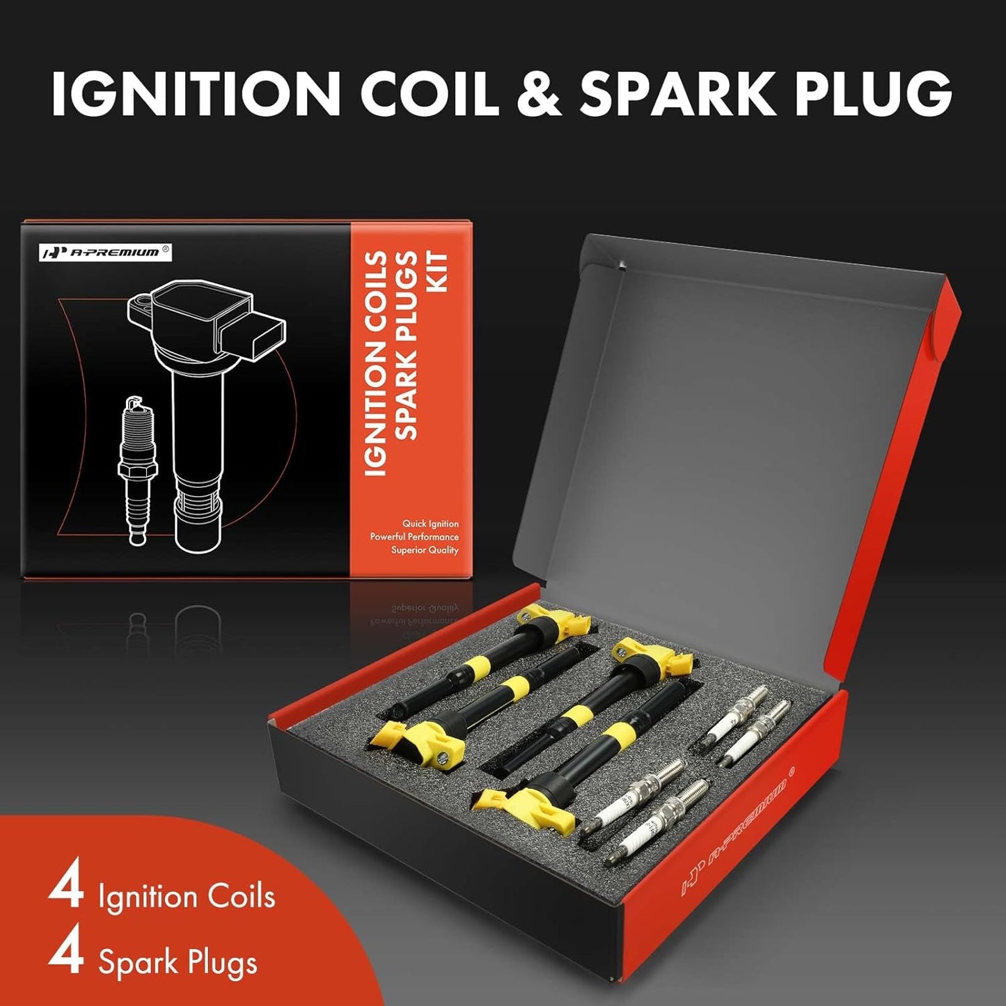 A-Premium (Yellow) Set of 8 Ignition Coil Pack and Iridium Spark Plugs Compatible with Hyundai Elantra 2012-2016, Elantra Coupe, Elantra GT, Tucson & Kia Soul, Forte, Forte Koup, Forte5, Rondo