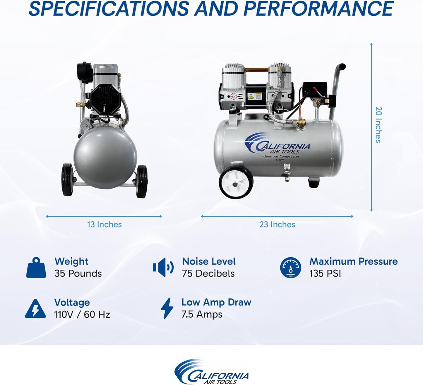 California Air Tools CAT-4710W 1.0 HP Quiet, Oil-Free Air Compressor with Wheels, 4.7 Gallon Tank Capacity, 75 dB Noise Level, Lightweight, Electric, Portable, for Home and Garage