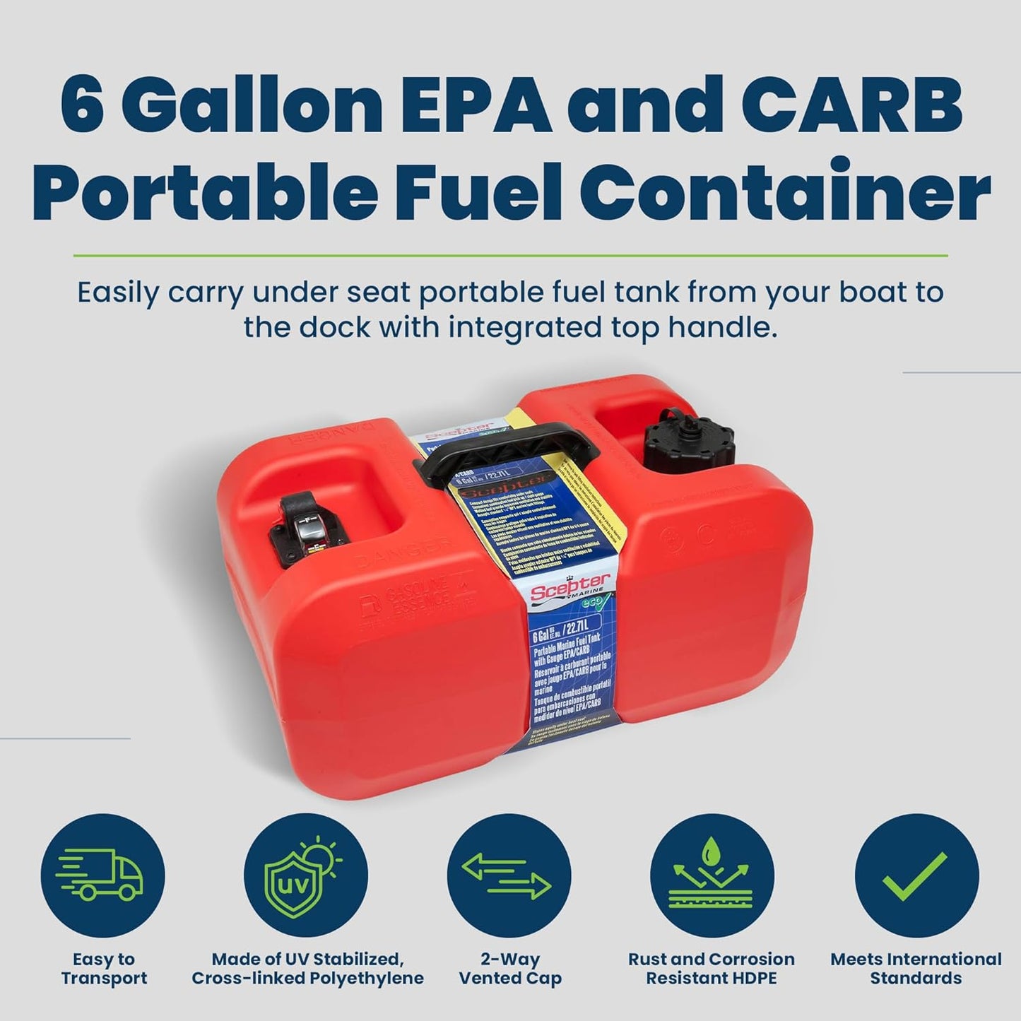 Scepter 6 Gallon Portable Marine Gas Can, Boat Fuel Tank with 2-Way Vented Cap, Built-In Fuel Gauge and Pick-Up, Top Handle, EPA & CARB Compliant, Underseat Design, 19.3"L x 12.2"W x 10.2"H (10511)
