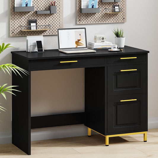 4 EVER WINNER Computer Desk with Drawers, 43 Inch Small Desk with Storage Shelves, Home Office Desk with Drawers for Small Space, Black